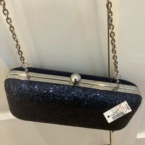 White House Black Market Midnight Clutch with Silver Chain